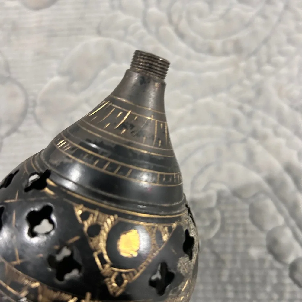Vintage Persian Etched Brass Floor Lamp Black Gold Floral Tall Decorative Stand